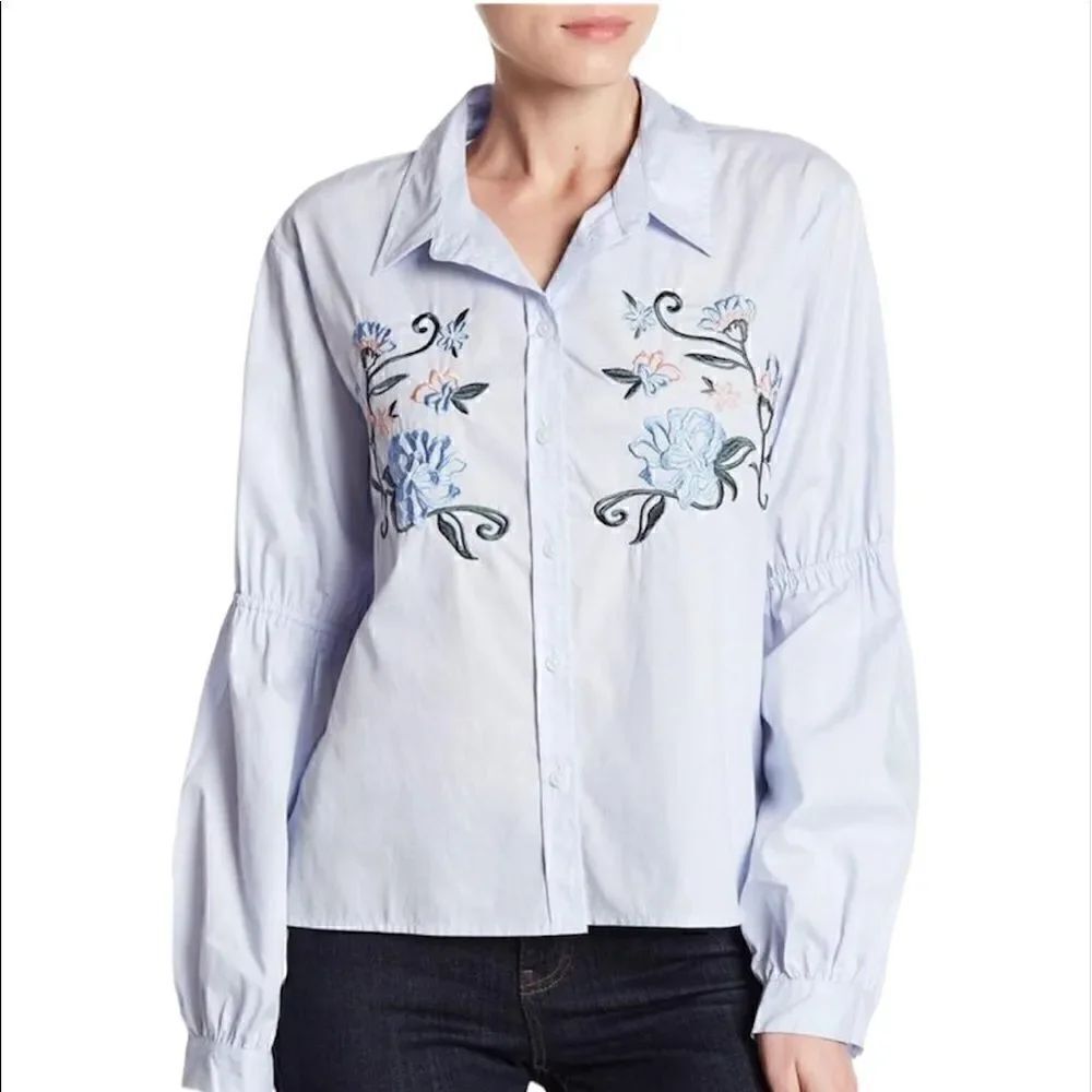 Sanctuary Embroidered Long Sleeve Baby Blue Blouse